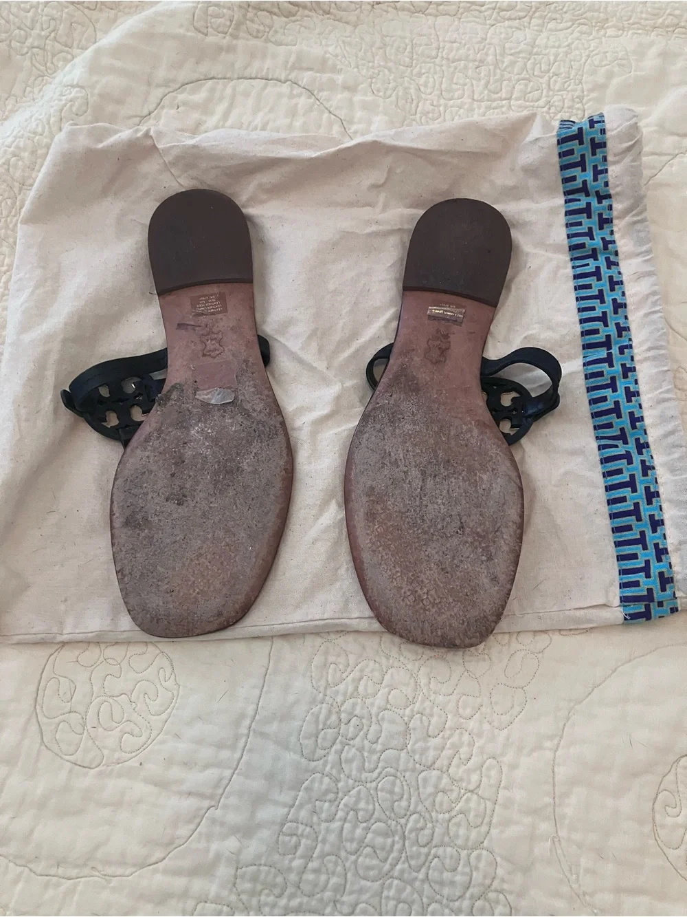 Tory Burch Black Leather Logo Thong Sandals with Gold Emblems